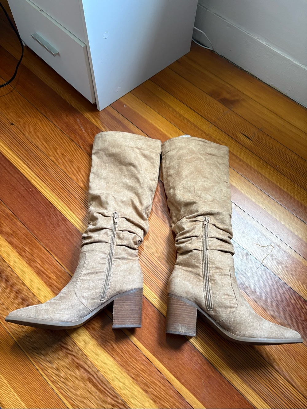 Tan suede heeled boots